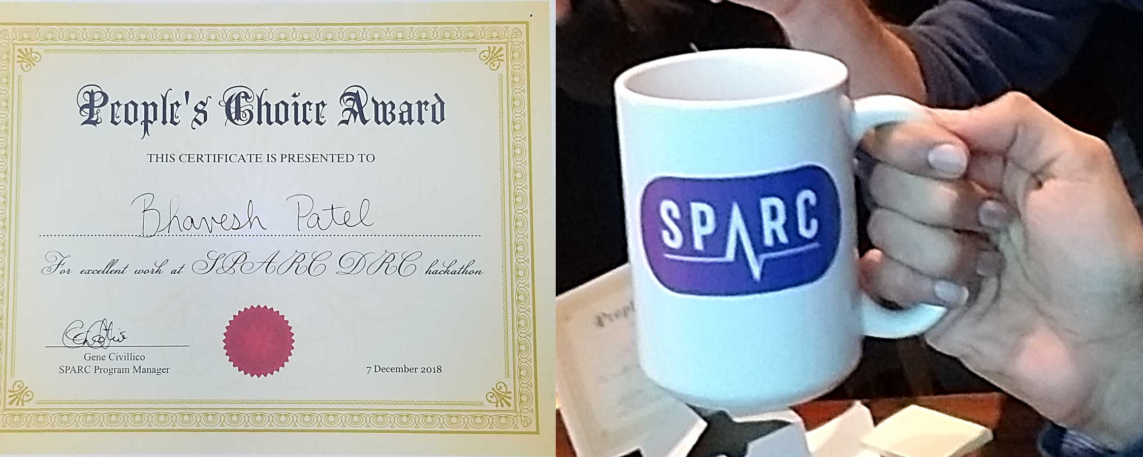 The SPARC 2018 People's Choice Award certificate (left) along with the famous winning “trophy” (right).