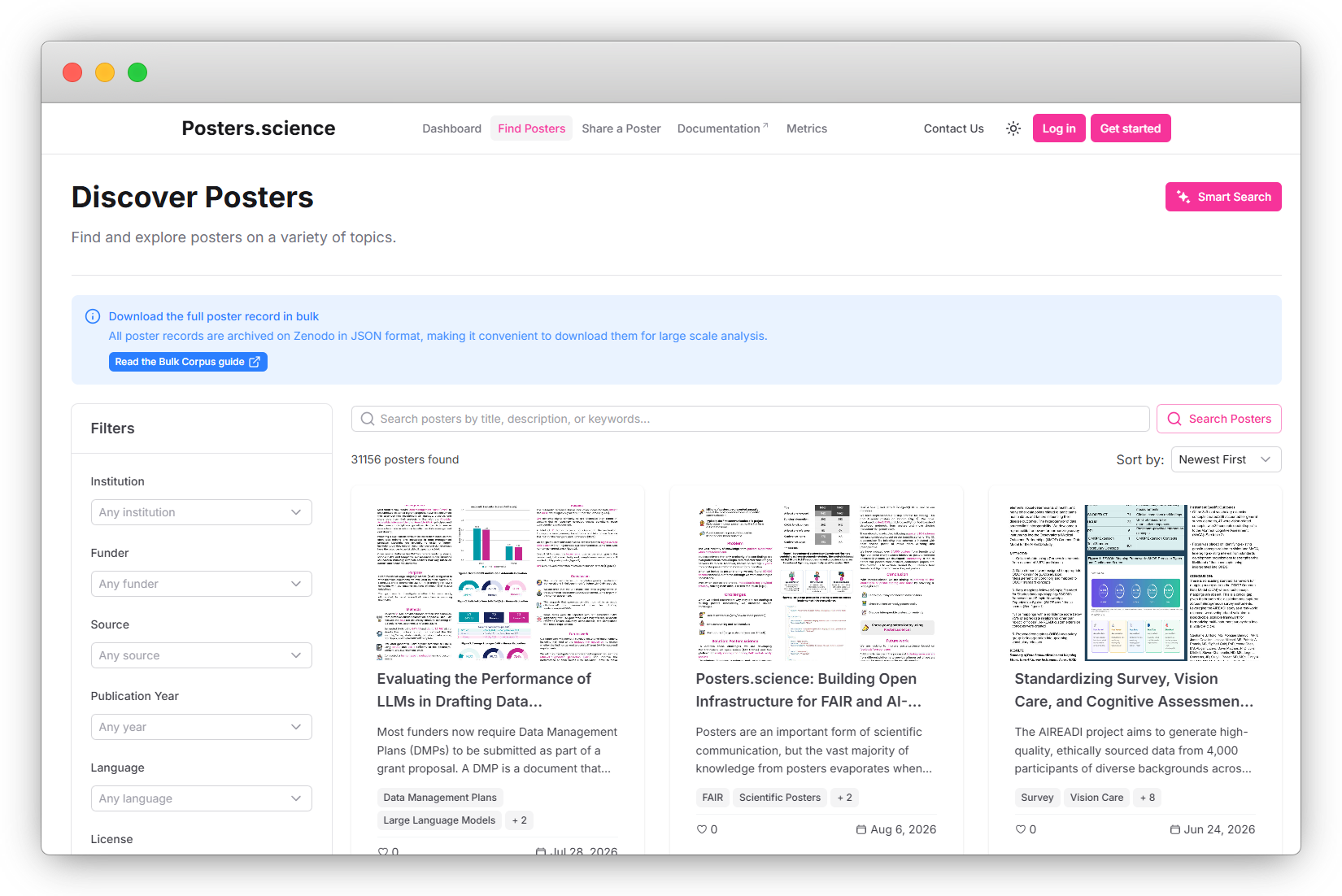 Screenshot of the Discover page of Posters.science